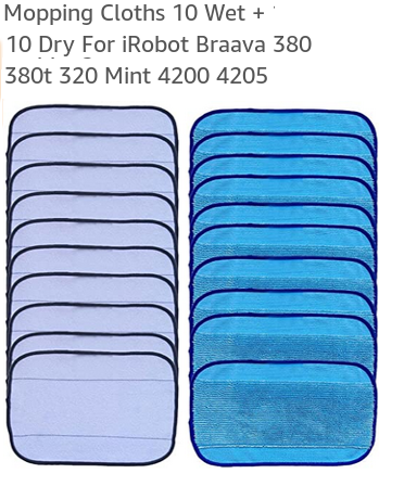 Reusable and washable Mopping Cloths 10 Wet + 10 Dry For iRobot Braava 380 380t 320 Mint 4200 4205