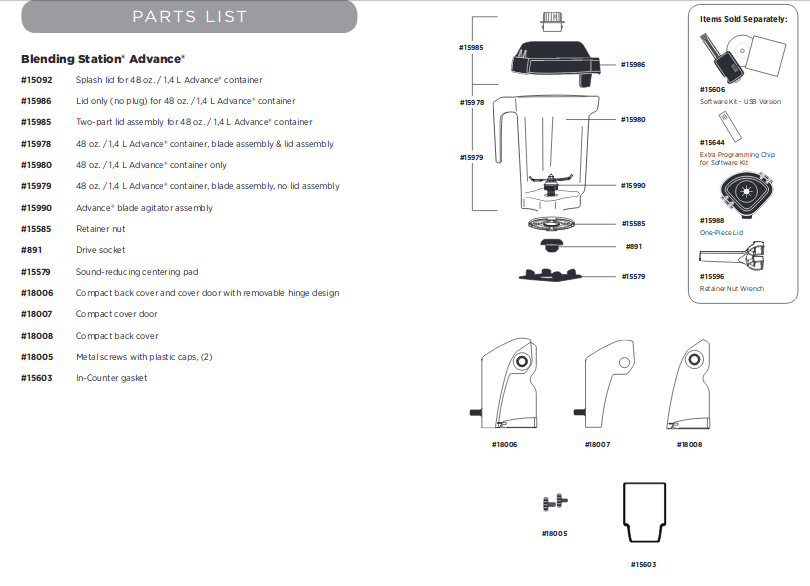 parts list for the vitamix Blending Station Advance