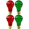 4 Pack 25 Watt A19 Colored Transparent Red and Green Incandescent Medium Base Party Light Bulb