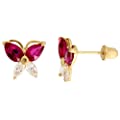 Yellow Gold Butterfly Stud Earrings & Pear Cut Ruby-colored CZ Stones