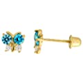 Yellow Gold Tiny Butterfly Stud Earrings, with Blue Topaz-colored CZ Stones
