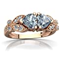 Rose Gold Aquamarine and Diamond Heart Butterflies Ring