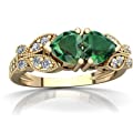 14K Yellow Gold Lab Emerald and Diamond Heart Butterflies Ring
