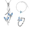 Sterling Silver Infinity Blue Butterfly Necklace Adjustable Ring Bracelet Set with Simulated Aquamarine Crystal